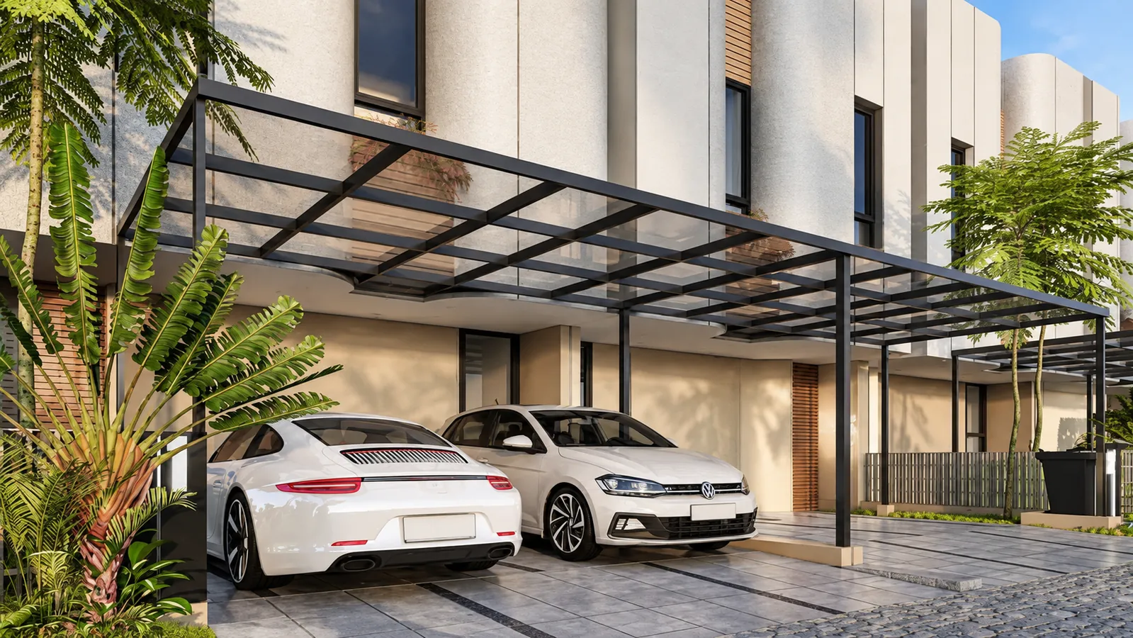 Rumah dengan carport 2 mobil di Bio District Serpong, dengan dua mobil terparkir berdampingan