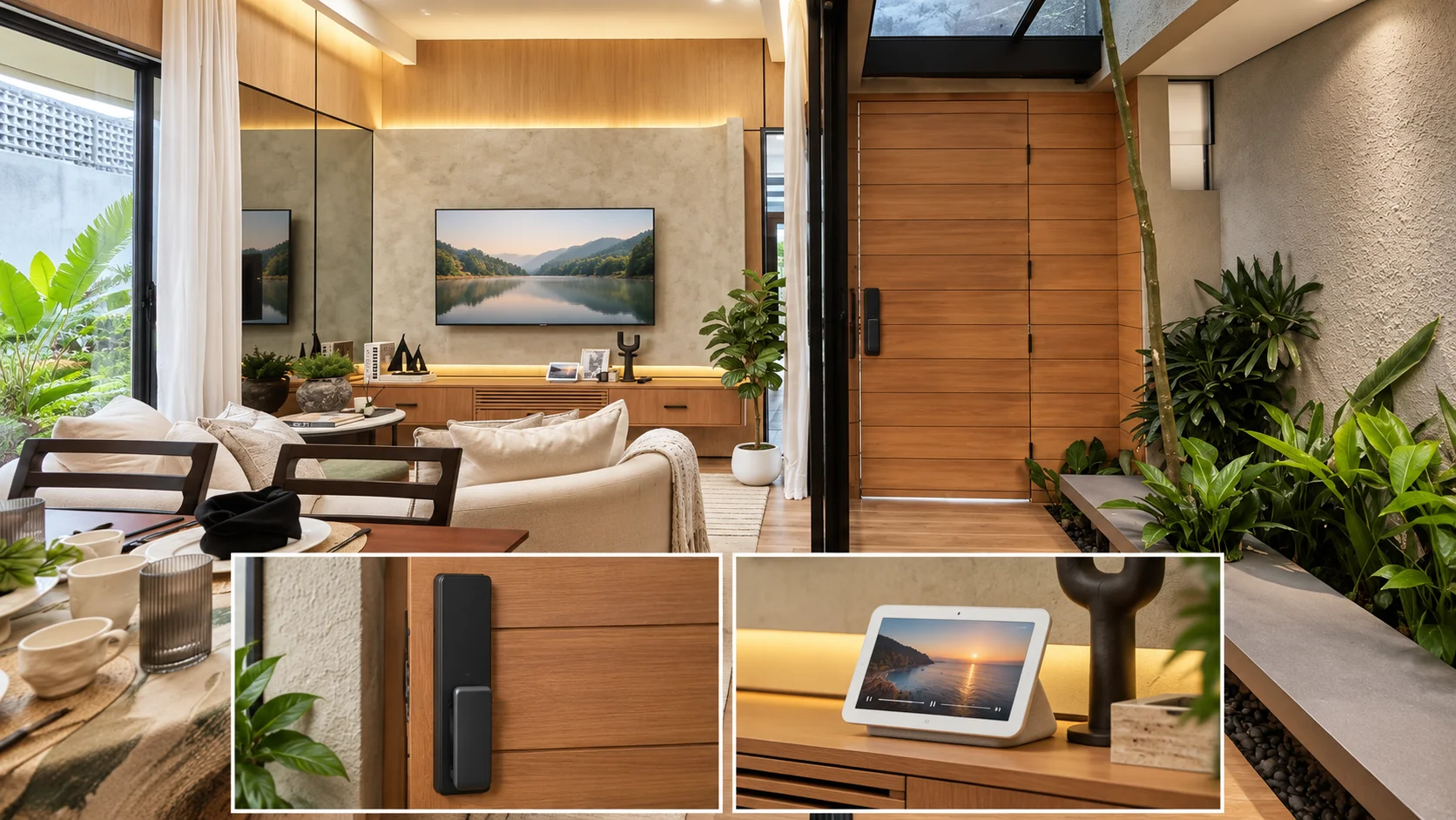 Ruang keluarga Bio District dengan detail smart door pada pintu dan Google Hub di kabinet TV